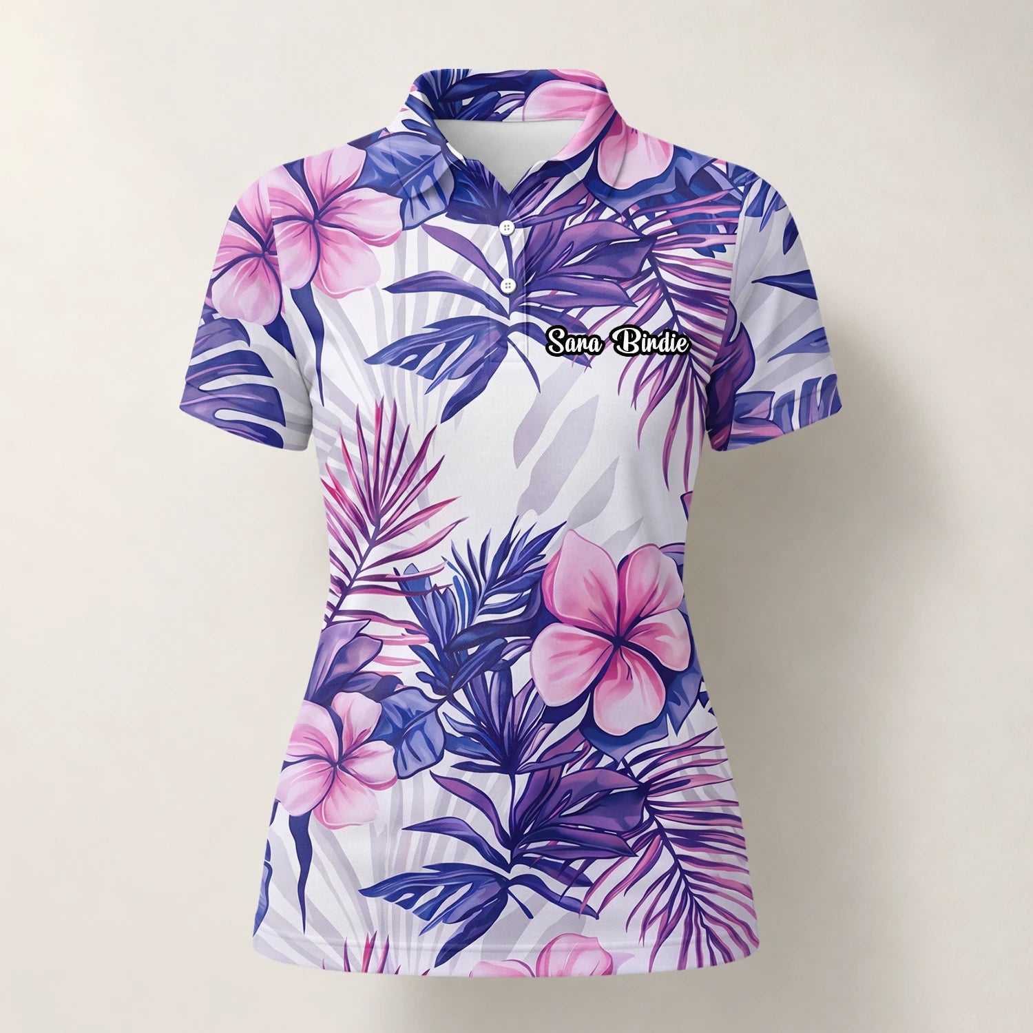 Personalisiertes Golf Poloshirt Weiß Lila Tropisches Hibiskus Blätter Design für Damen H1054