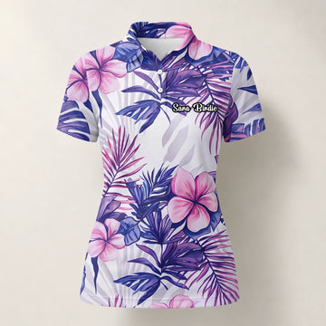 Personalisiertes Golf Poloshirt Weiß Lila Tropisches Hibiskus Blätter Design für Damen H1054