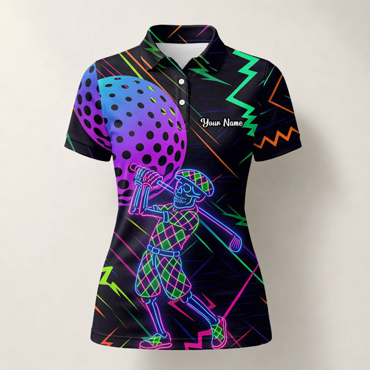 Personalisiertes Golf Poloshirt Schwarz Neon Golfer Wireframe Design für Damen L1481