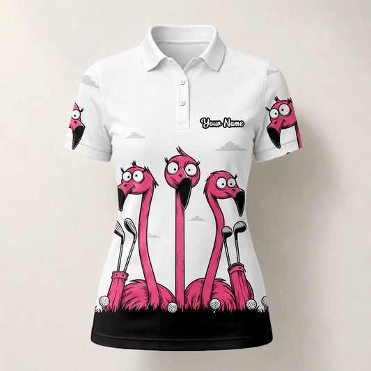 Personalisiertes Golf Poloshirt Weiß Rosa Flamingo Cartoon Design für Damen I6113