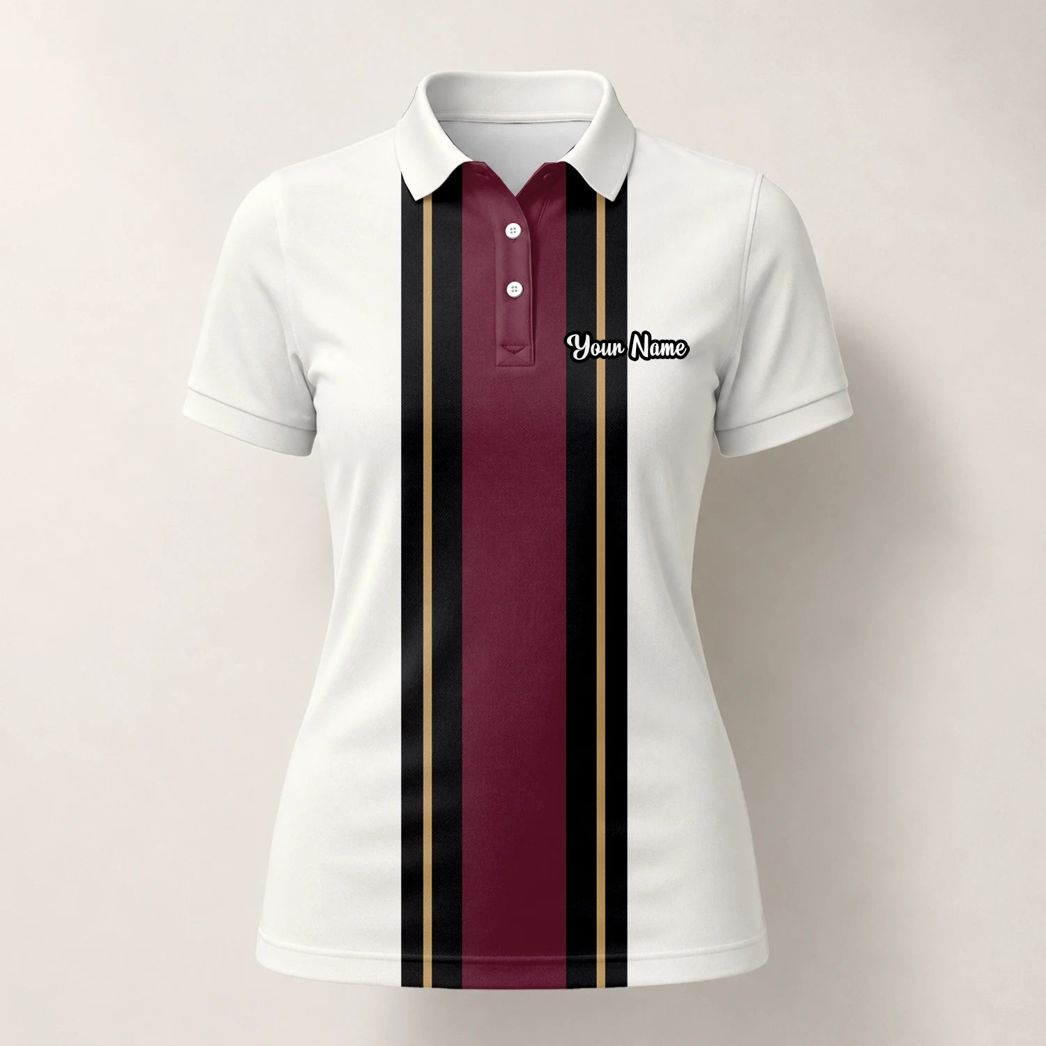 Personalisiertes Golf Poloshirt Weiß Bordeaux Schwarzes Rennstreifen Design für Damen G7028