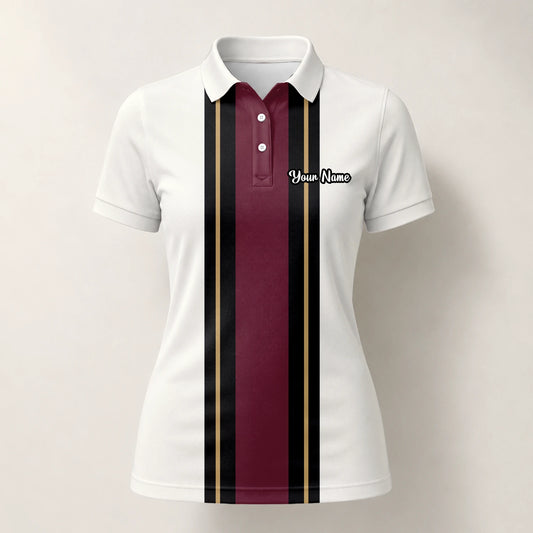 Personalisiertes Golf Poloshirt Weiß Bordeaux Schwarzes Rennstreifen Design für Damen G7028