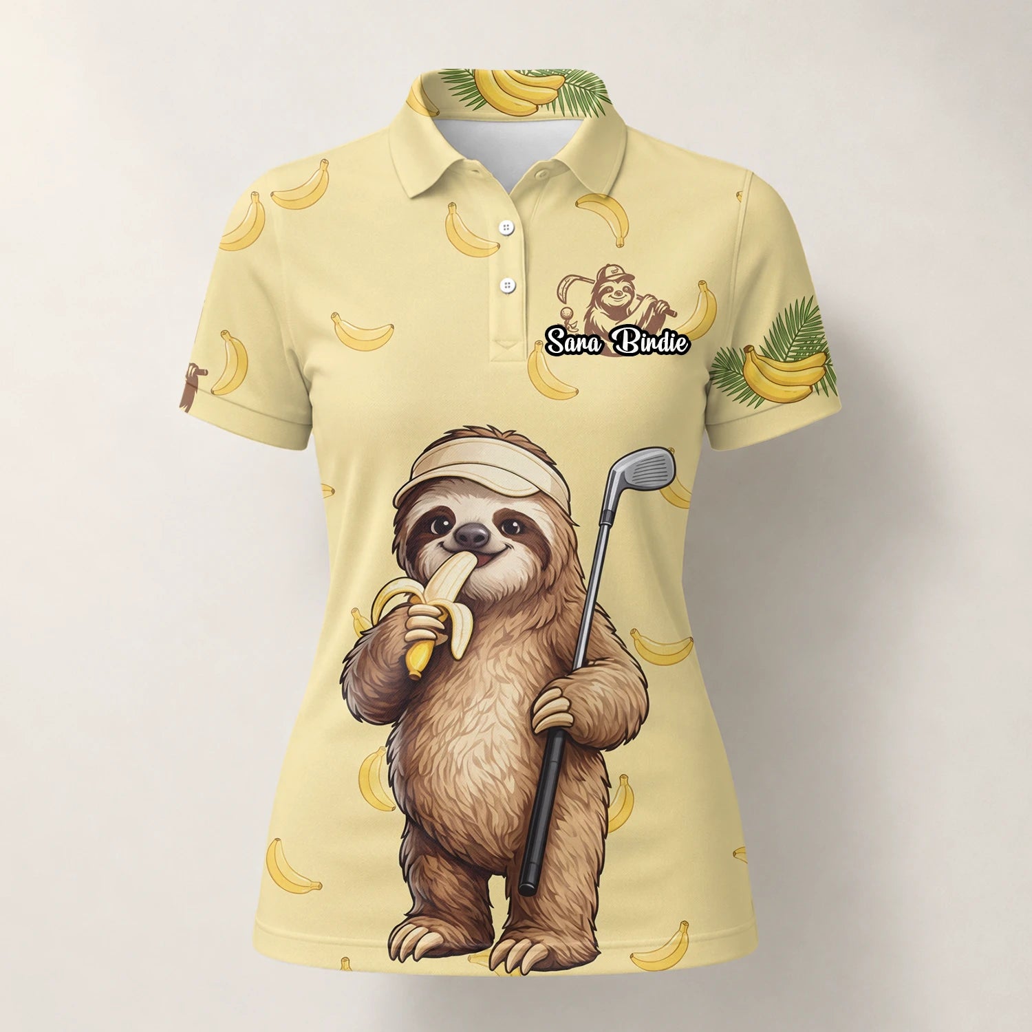 Personalisiertes Golf Poloshirt Hellgelbes Faultier Banane Golfer Cartoon Design für Damen G3327
