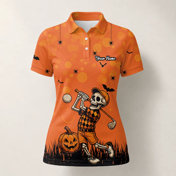 Personalisiertes Golf Poloshirt Orange Halloween Skelett Golfer Design für Damen D3851