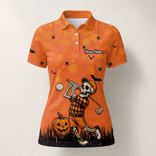 Personalisiertes Golf Poloshirt Orange Halloween Skelett Golfer Design für Damen D3851