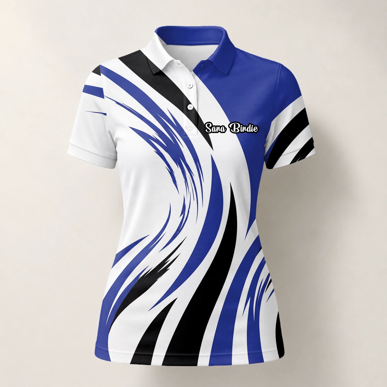 Personalisiertes Golf Poloshirt Weiß Blau Schwarzes Abstraktes Wellen Design für Damen V7849