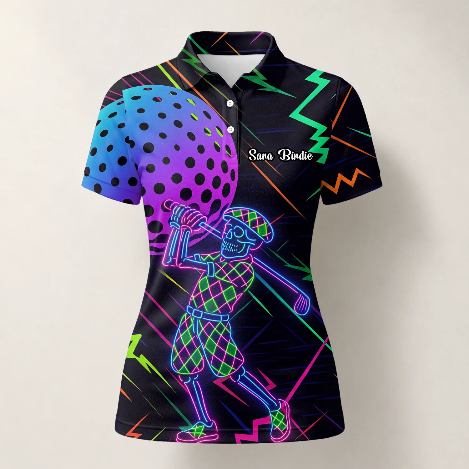 Personalisiertes Golf Poloshirt Schwarz Neon Golfer Wireframe Design für Damen L1481