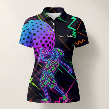 Personalisiertes Golf Poloshirt Schwarz Neon Golfer Wireframe Design für Damen L1481