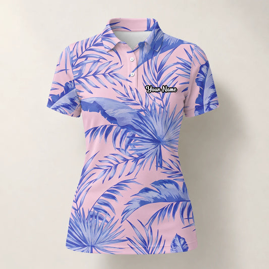 Personalisiertes Golf Poloshirt Rosa Lavendel Tropisches Palmenblätter Design für Damen M3354