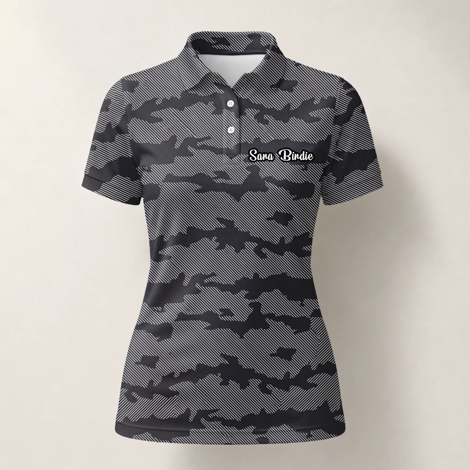 Personalisiertes Golf Poloshirt Grau Schwarzes Camo Design für Damen R8701