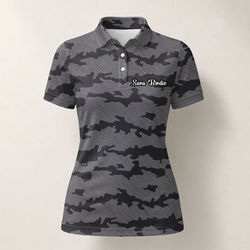 Personalisiertes Golf Poloshirt Grau Schwarzes Camo Design für Damen R8701