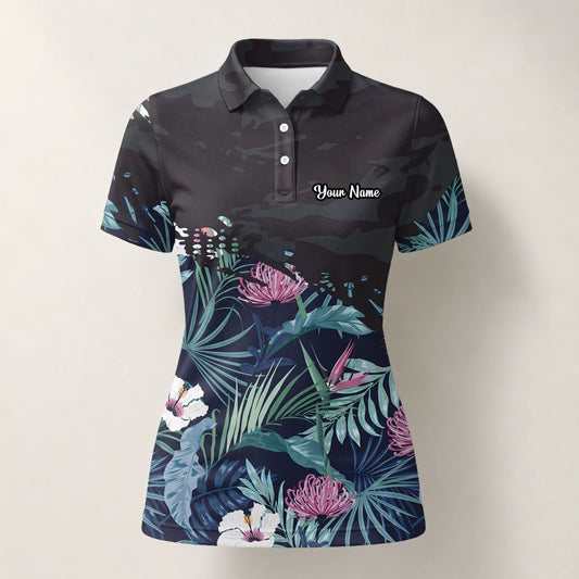 Personalisiertes Golf Poloshirt Marineblaues Tropisches Blumen Blätter Design für Damen N4110
