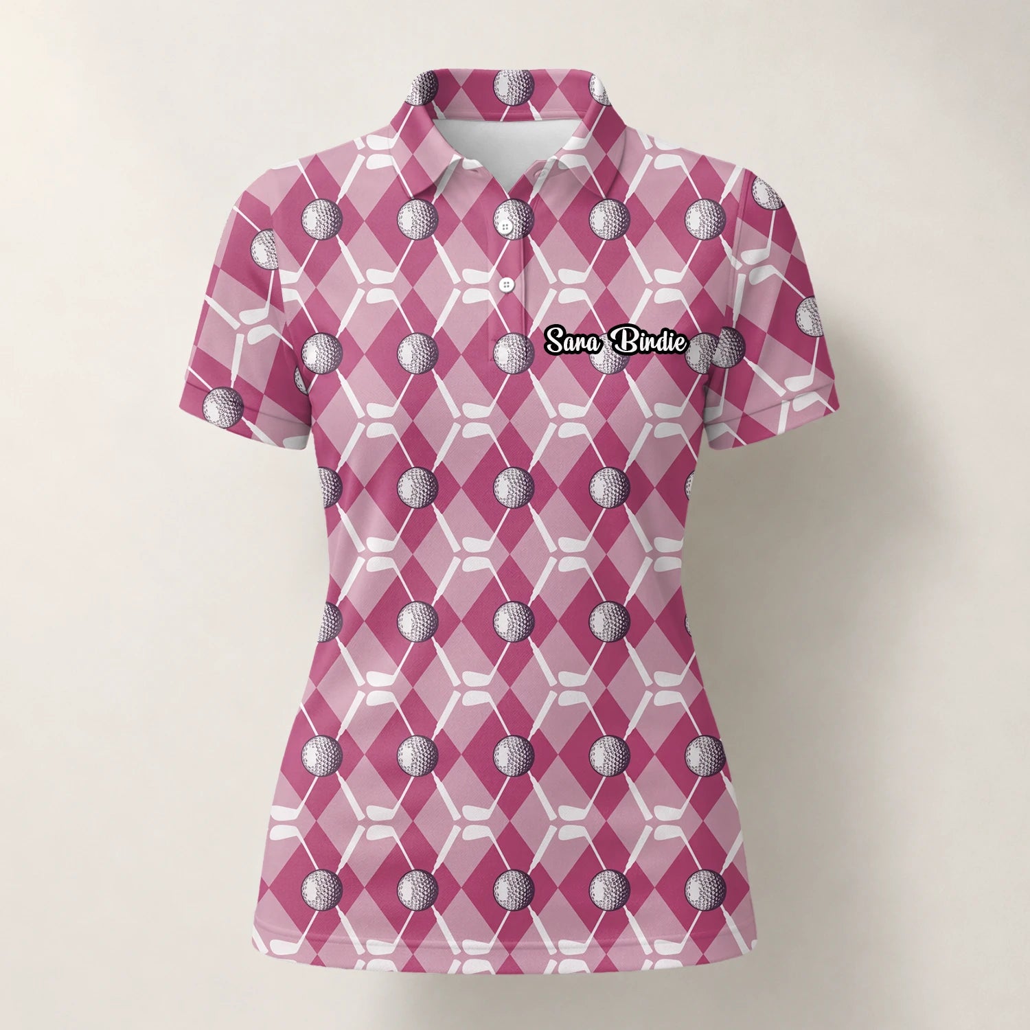 Personalisiertes Golf Poloshirt Rosa Rauten Golfball Design für Damen X0000