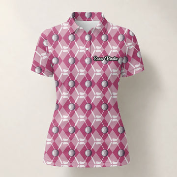 Personalisiertes Golf Poloshirt Rosa Rauten Golfball Design für Damen X0000