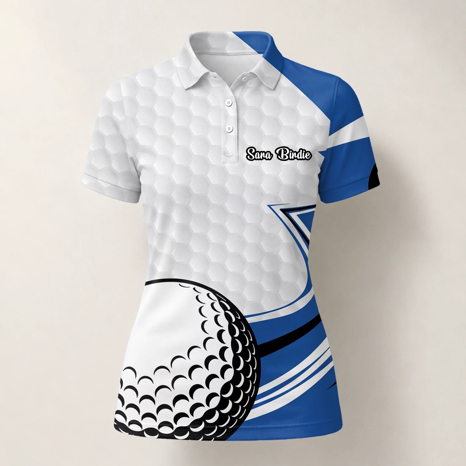 Personalisiertes Golf Poloshirt Weiß Blaues Golfball Waben Design für Damen S7973