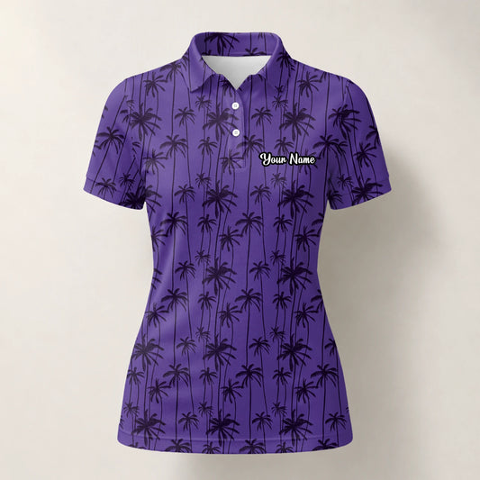 Personalisiertes Golf Poloshirt Lila Palmen Silhouetten Design für Damen P3247