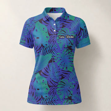 Personalisiertes Golf Poloshirt Blau Lila Tropisches Monstera Blätter Design für Damen G3142