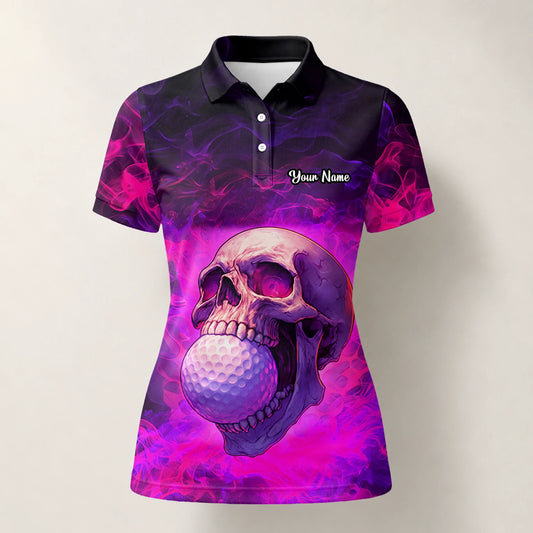 Personalisiertes Golf Poloshirt Lila Rosa Totenkopf Golfball Smoke Design für Damen L7637
