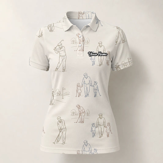 Personalisiertes Golf Poloshirt Beige Vintage Golfspieler Skizzen Design für Damen D6556