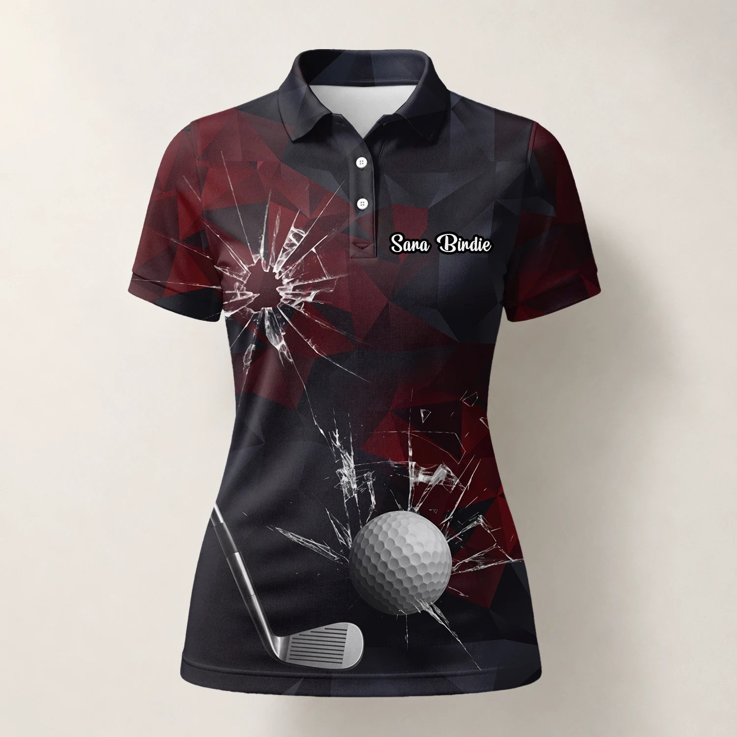 Personalisiertes Golf Poloshirt Schwarz Bordeaux Golfball Glassplitter Design für Damen R4354
