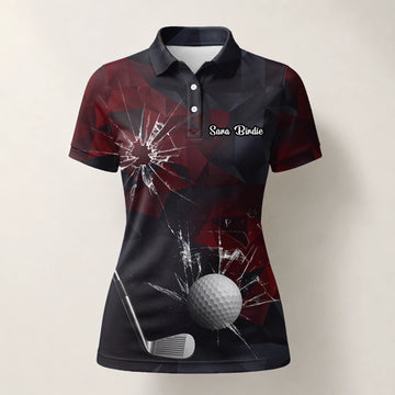 Personalisiertes Golf Poloshirt Schwarz Bordeaux Golfball Glassplitter Design für Damen R4354