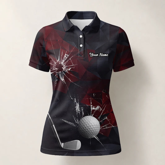 Personalisiertes Golf Poloshirt Schwarz Bordeaux Golfball Glassplitter Design für Damen R4354