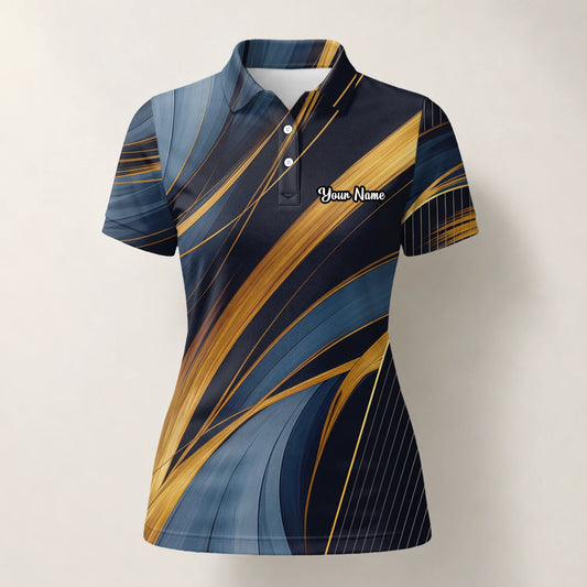 Personalisiertes Golf Poloshirt in Marineblau-Gold mit abstraktem Bänder-Design für Damen V6882