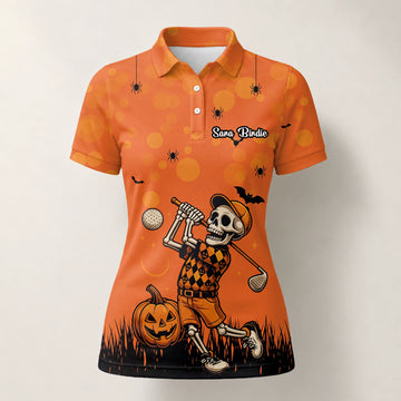 Personalisiertes Golf Poloshirt Orange Halloween Skelett Golfer Design für Damen D3851