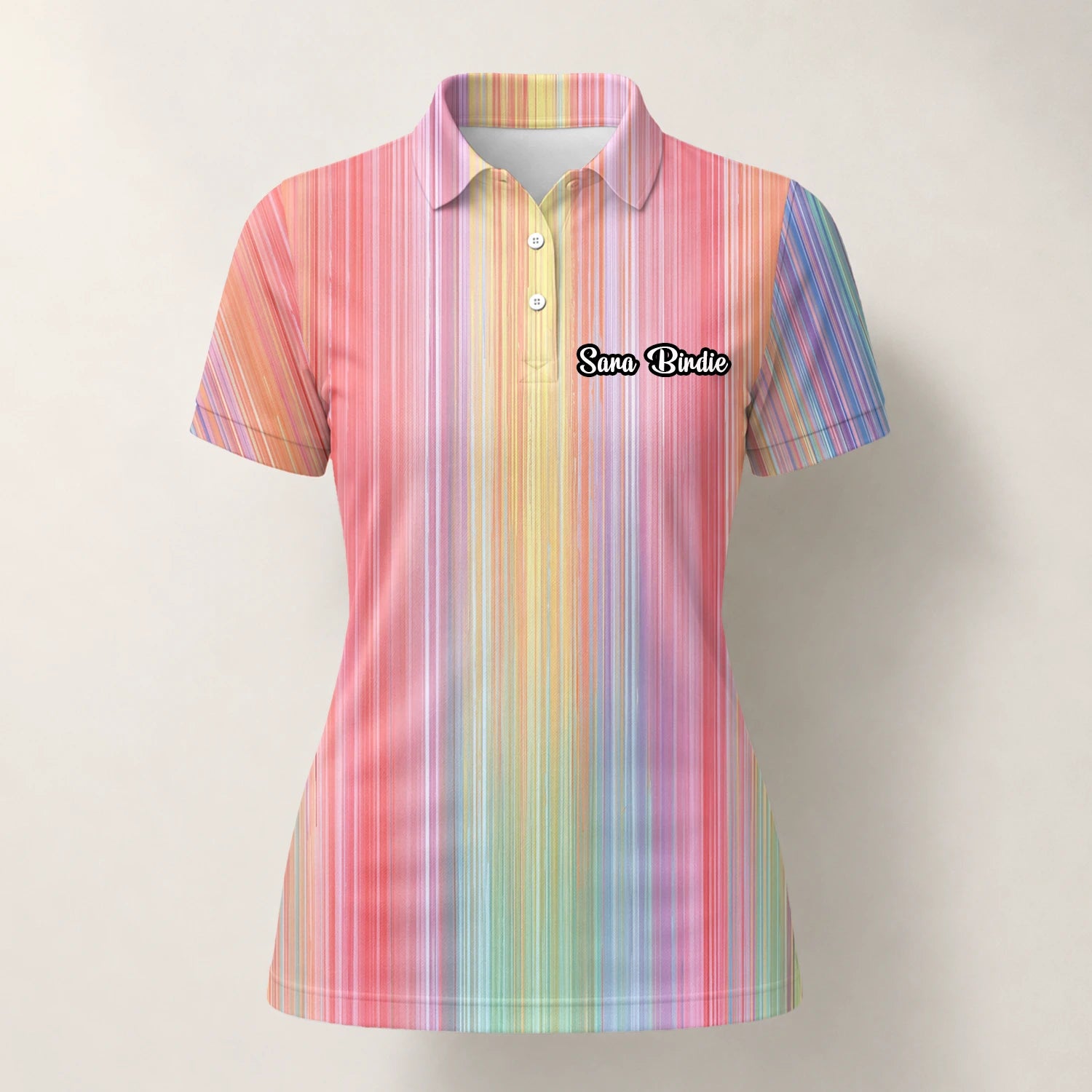 Personalisiertes Golf Poloshirt Pastell Regenbogen Streifen Design für Damen C5307
