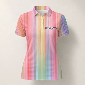 Personalisiertes Golf Poloshirt Pastell Regenbogen Streifen Design für Damen C5307