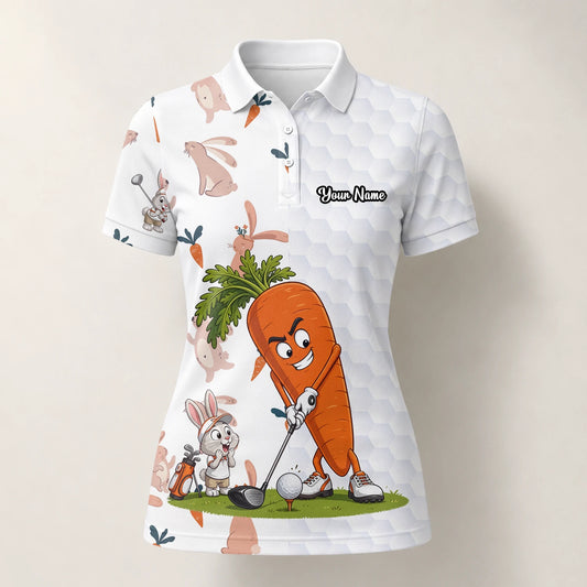 Personalisiertes Golf Poloshirt Weiß Karotten Hase Golfer Cartoon Design für Damen Y6359