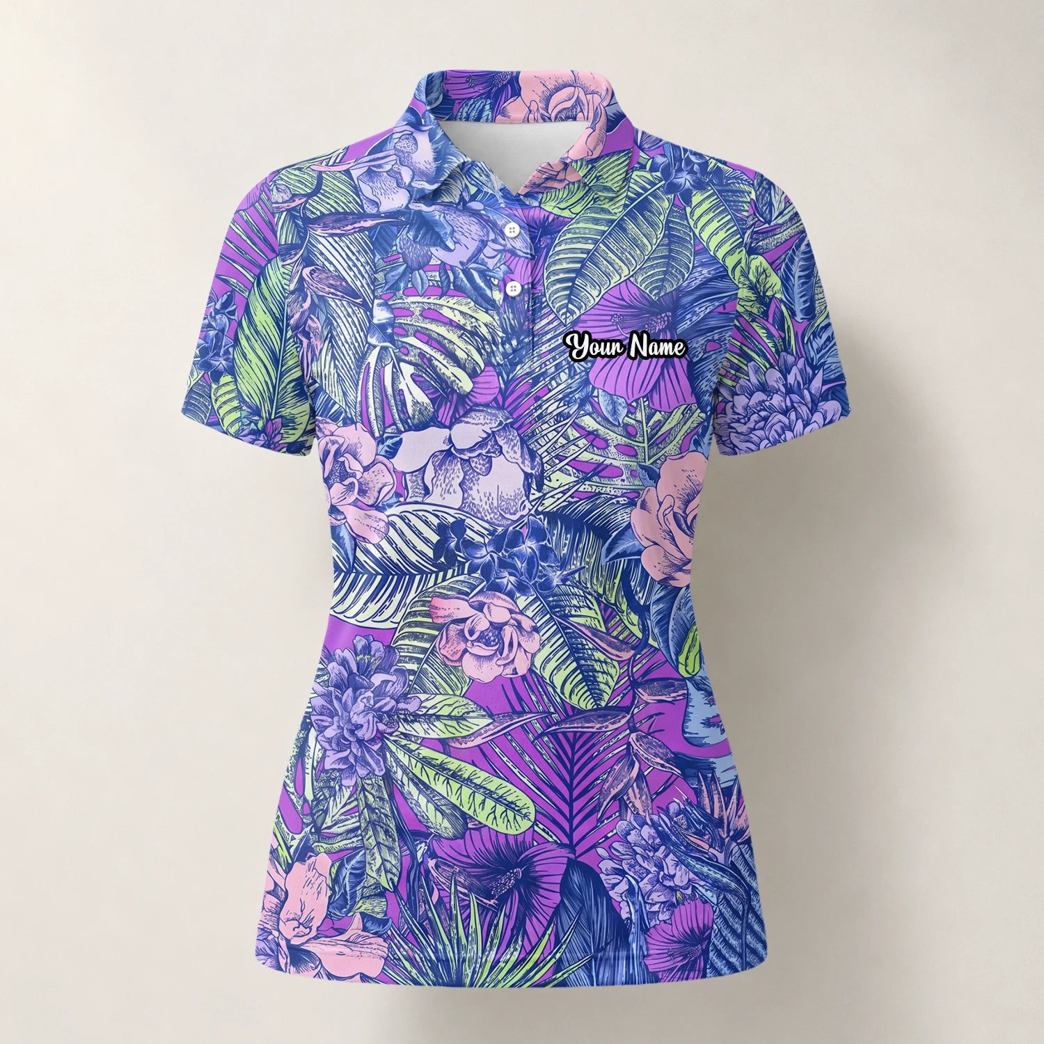 Personalisiertes Golf Poloshirt Lila Blaues Tropisches Blumen Blätter Design für Damen B8037
