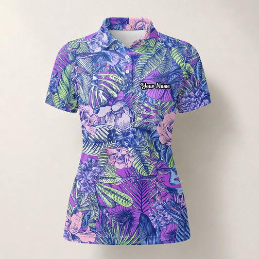 Personalisiertes Golf Poloshirt Lila Blaues Tropisches Blumen Blätter Design für Damen B8037