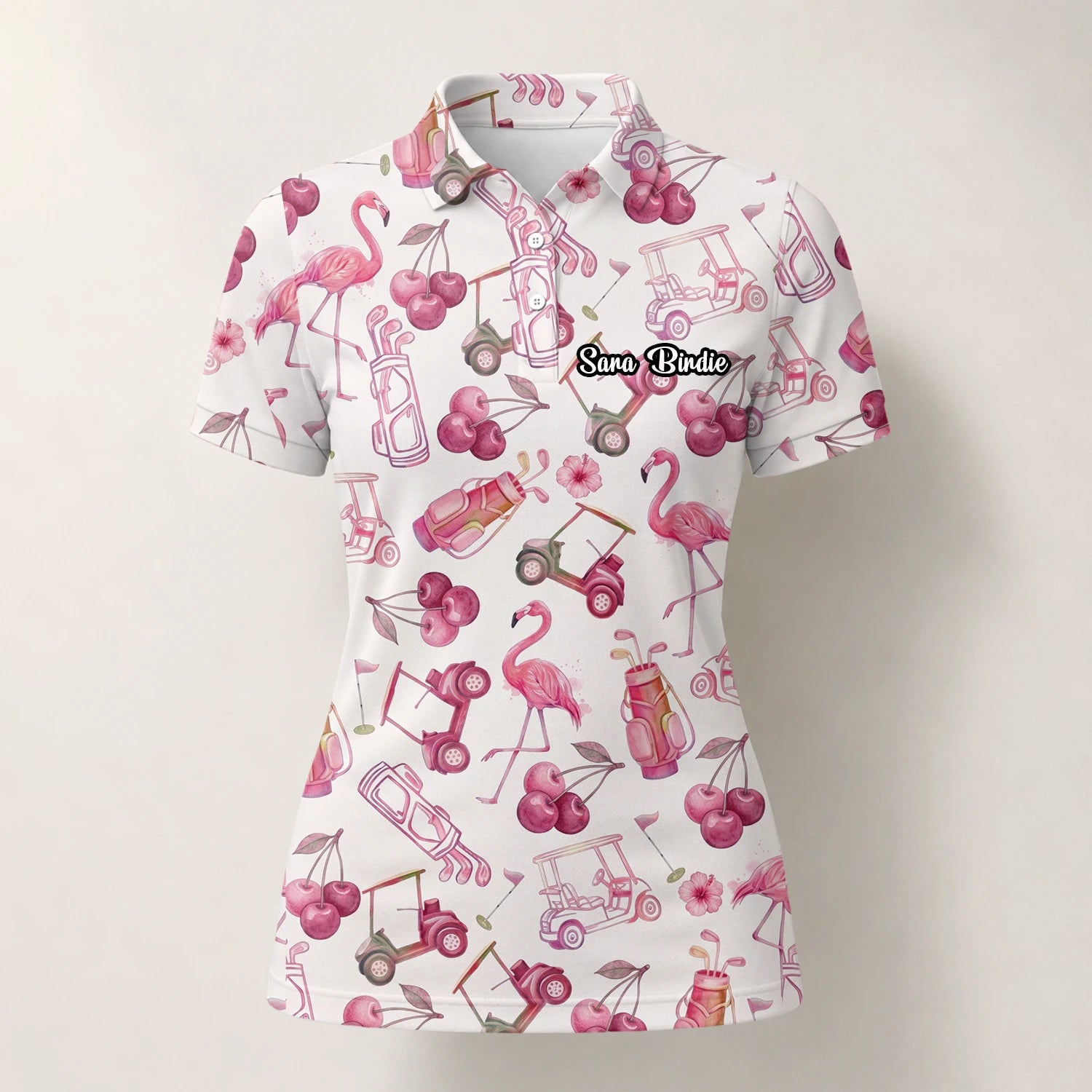 Personalisiertes Golf Poloshirt Creme Rosa Flamingo Golfcart Cocktail Design für Damen T9296