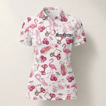 Personalisiertes Golf Poloshirt Creme Rosa Flamingo Golfcart Cocktail Design für Damen T9296