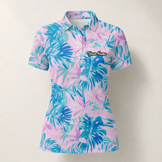 Personalisiertes Golf Poloshirt Rosa Blaues Tropisches Blätter Design für Damen K0497