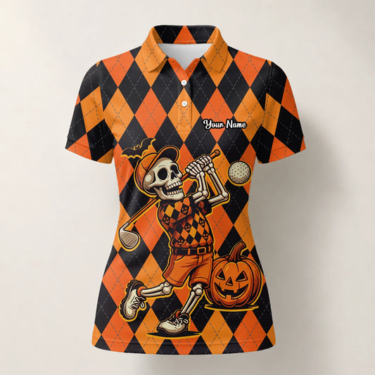 Personalisiertes Golf Poloshirt Orange Schwarzes Halloween Skelett Golfer Rauten Design für Damen I4585