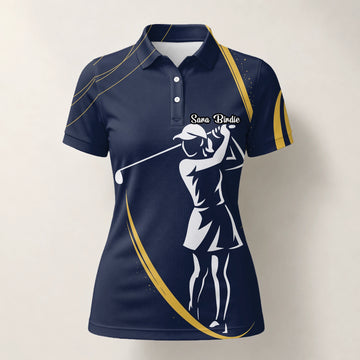 Personalisiertes Golf Poloshirt Marineblau Goldenes Golfer Silhouetten Design für Damen K0906