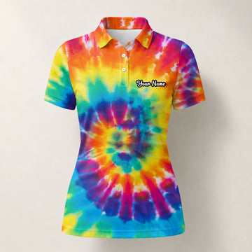 Personalisiertes Golf Poloshirt mit Regenbogen-Batik-Spirale für Damen S4610