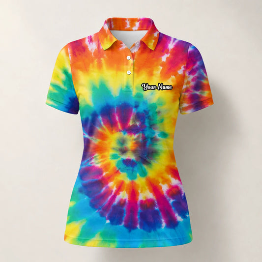 Personalisiertes Golf Poloshirt mit Regenbogen-Batik-Spirale für Damen S4610