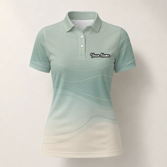 Personalisiertes Golf Poloshirt Salbeigrün Beiges Abstraktes Wellen Design für Damen X8036