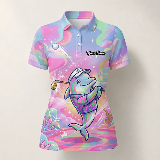 Personalisiertes Golf Poloshirt Pastell Regenbogen Delfin Golfer Cartoon Design für Damen L3862