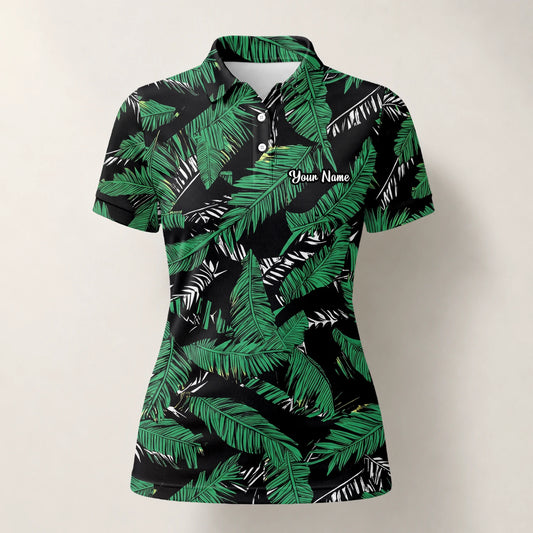 Personalisiertes Golf Poloshirt Schwarz Grünes Tropisches Bananenblätter Design für Damen K8023