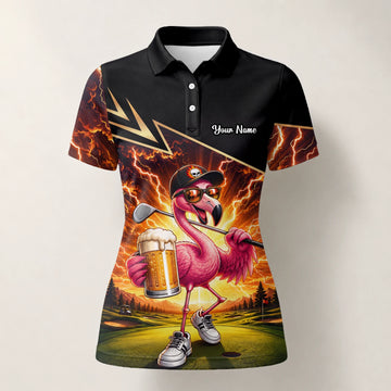 Personalisiertes Golf Poloshirt Schwarz Orange Flamingo Bier Golfer Blitz Design für Damen E3673