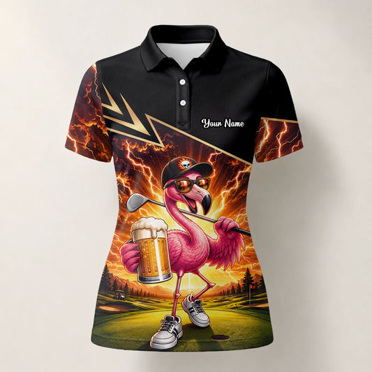 Personalisiertes Golf Poloshirt Schwarz Orange Flamingo Bier Golfer Blitz Design für Damen E3673