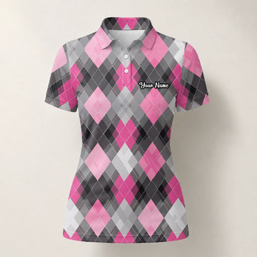 Personalisiertes Golf Poloshirt Rosa Graues Rauten Muster für Damen Z9376