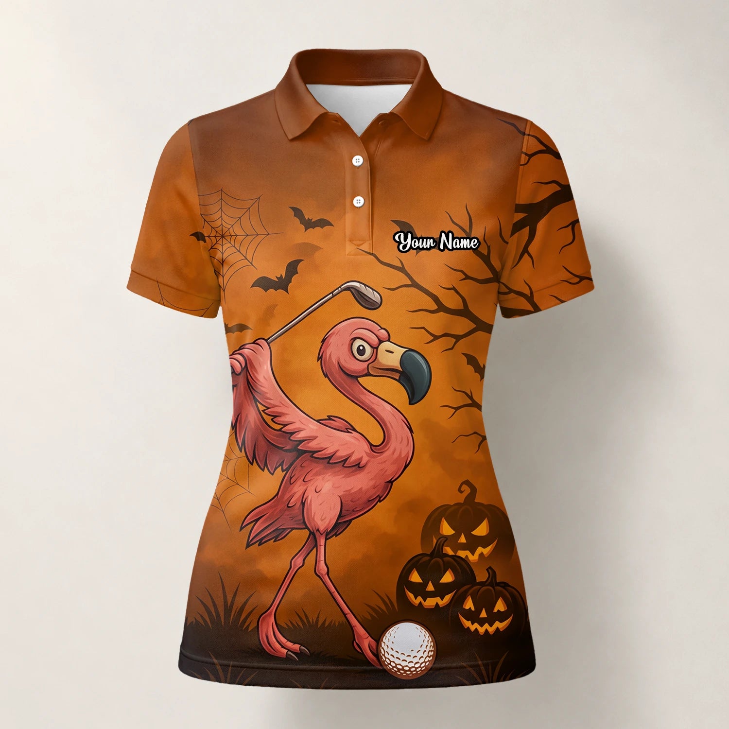 Personalisiertes Golf Poloshirt Orange Halloween Flamingo Golfer Kürbis Design für Damen V7072
