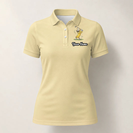 Personalisiertes Golf Poloshirt Hellgelbes Bananen Golfer Cartoon Design für Damen X9847