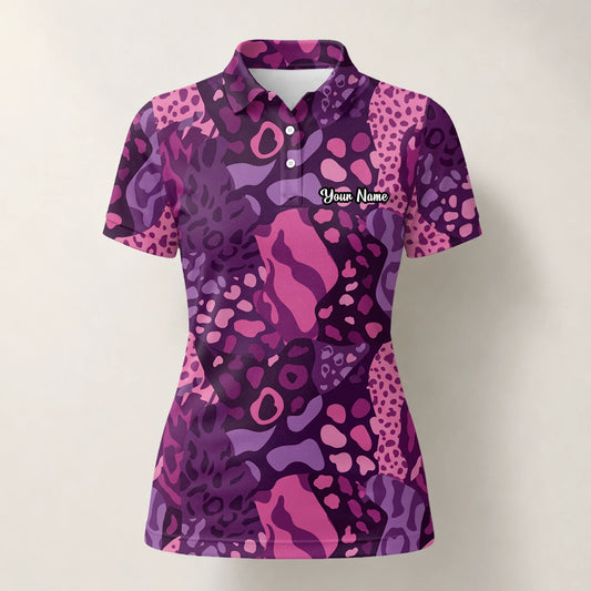 Personalisiertes Golf Poloshirt Lila Rosa Leo Camo Design für Damen I6540