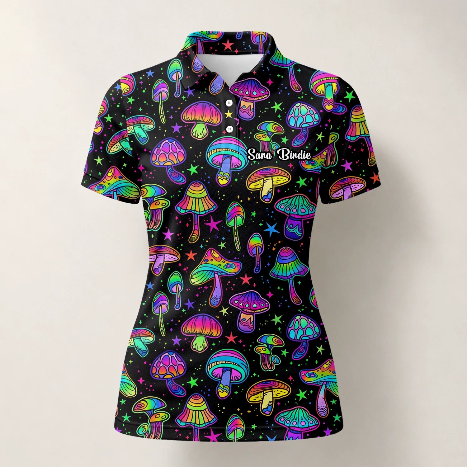 Personalisiertes Golf Poloshirt Schwarz Neon Pilz Psychedelisches Design für Damen L0182